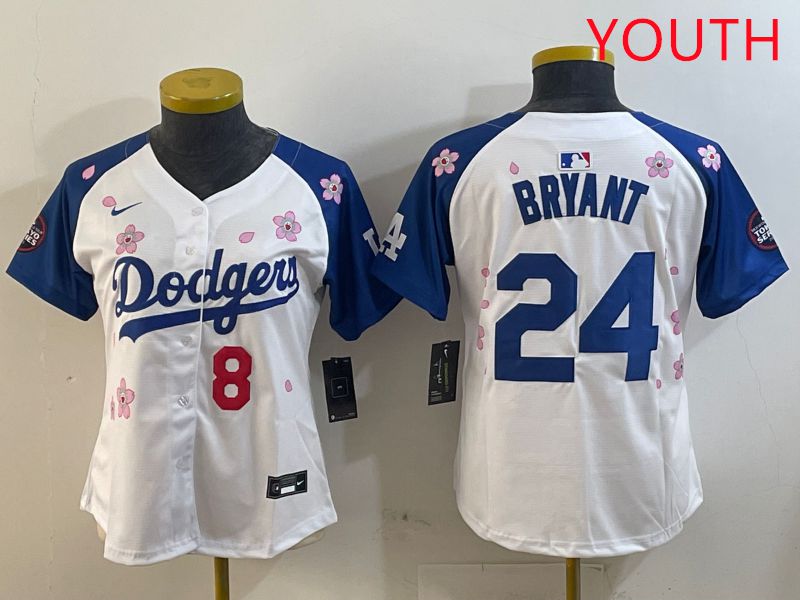 Youth Los Angeles Dodgers #24 Bryant White Blue Sakura Edition 2025 Nike MLB Jersey style 9->youth mlb jersey->Youth Jersey